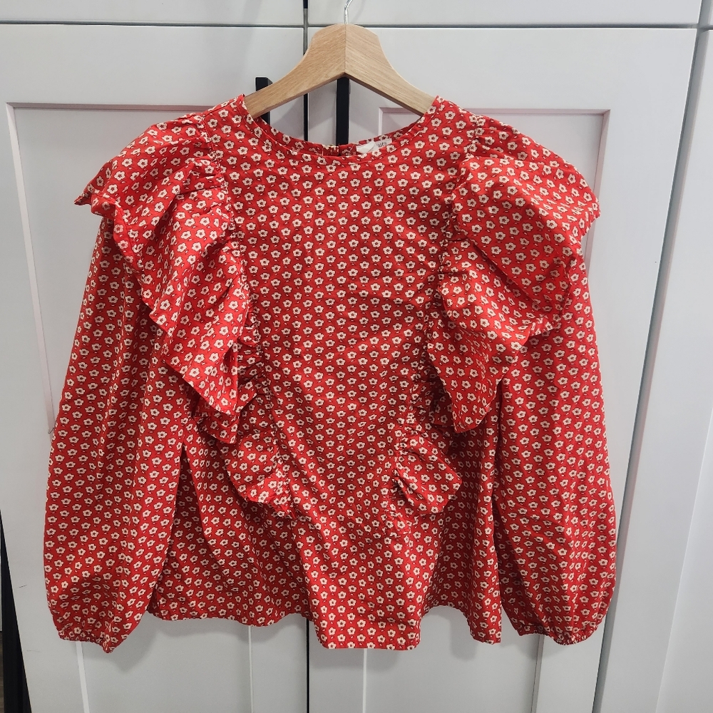J Crew Crewcuts Girls Cotton Ruffle Poplin Top size XL Red White